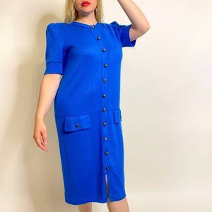 Vintage Blue Dress , Button down knit midi with faux pockets